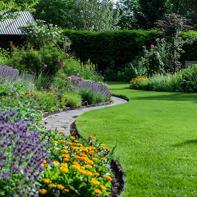 A lush garden with a winding grass pathway surrounded by colorful flowers and green shrubs.